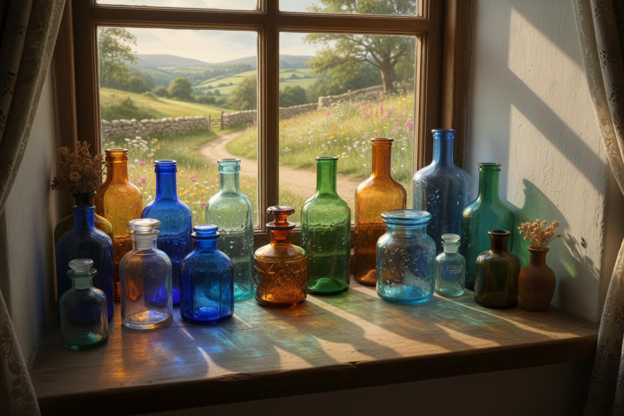 vintage colored glas bottles sitting in a country cottage windowsill